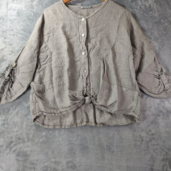 Angela Mara Womens Linen Button Up Summer Top Gray Tie Front Lagenlook Italy - Picture 1 of 10